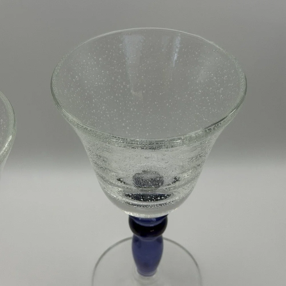2 Pottery Barn Hand Blown Wine Glasses Water‎ Goblets Bubble Violet Blue Yellow